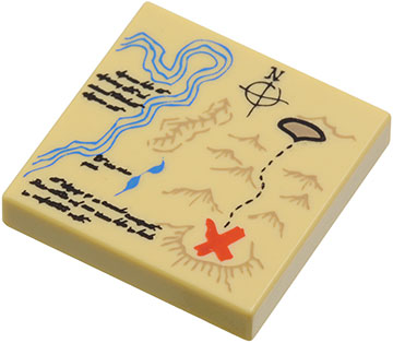 Tile 2 x 2 with Groove with Map River, Dark Tan Mountains, Handwriting and Red 'X' Pattern