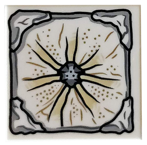Tile 2 x 2 with Groove with Gray Stone Center and Edges and Tan and Brown Lines Radiating from Center Pattern (Aquaman Mother Box Top)
