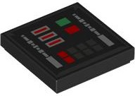 Tile 2 x 2 with Groove with SW Darth Vader Control Panel with Dark Silver Outline and Silver, Green and Red Buttons Pattern